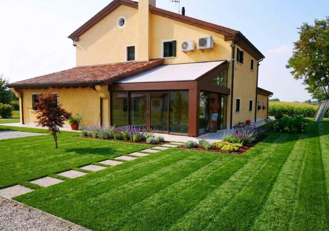 Dettaglio di frangisole laterali in un giardino d'inverno Qubo