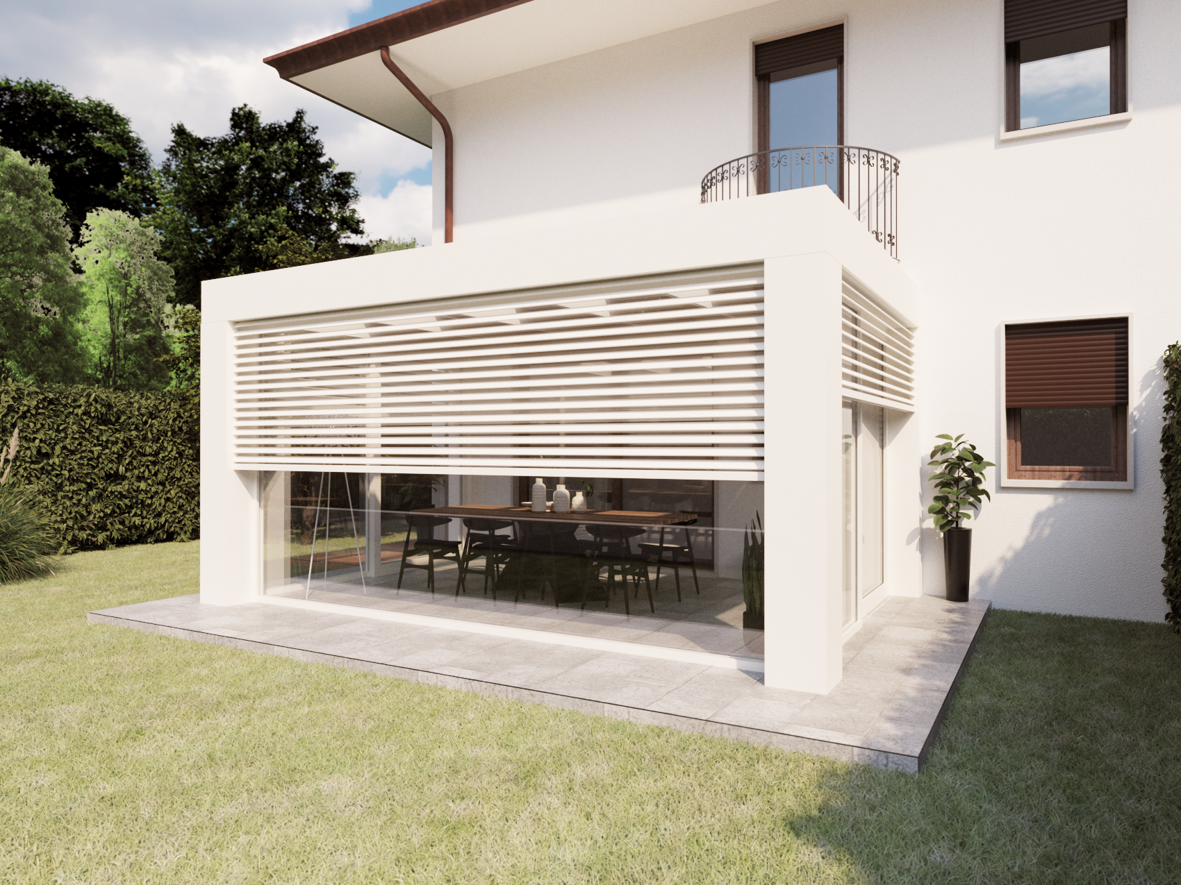 Dettaglio di frangisole laterali in un giardino d'inverno Qubo